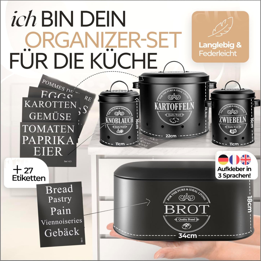 IDEALTASTIC® Premium Brotkasten 4er Set, Kartoffel Aufbewahrungsbox, Zwiebel Aufbewahrung &amp; Knoblauc