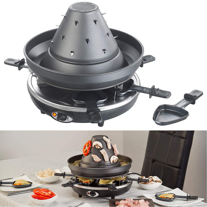 Rosenstein & Söhne Tartarenhut: Elektrischer 3in1-Tatarenhut- & Raclette-Grill mit Fondue-Rinne, für