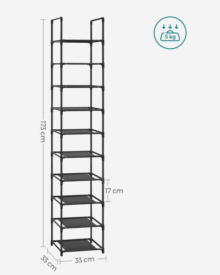 SONGMICS Schuhregal, 10 Ebenen, Schuhablage, Schuhaufbewahrung, schmal, 33 x 33 x 173 cm, Metallgest