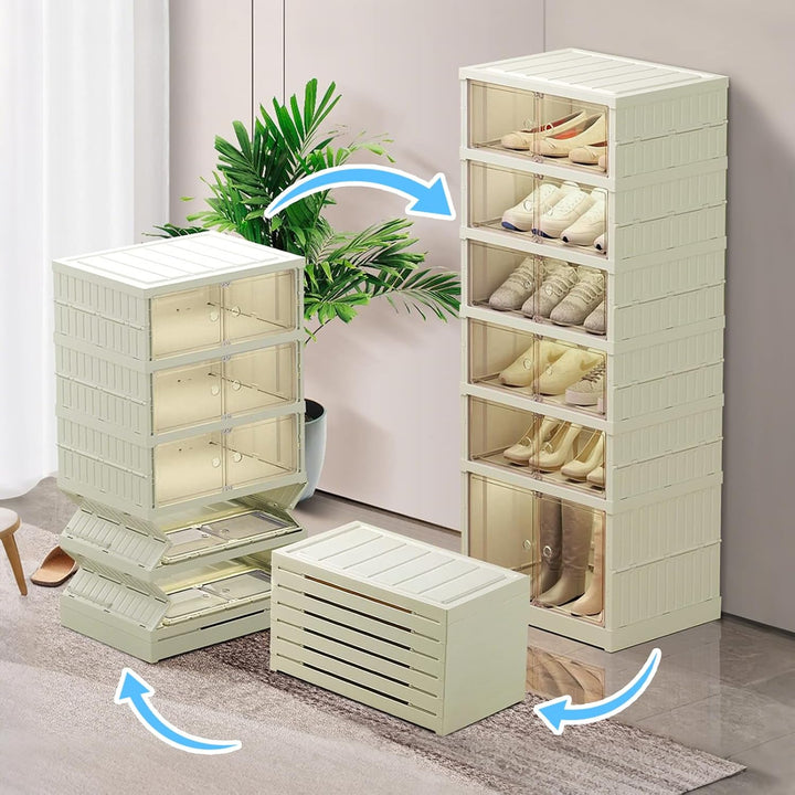 Schuhboxen Stapelbar Transparent Faltbarer Schuhschrank Schuhregal Klappbar mit Magnetischer Tür für