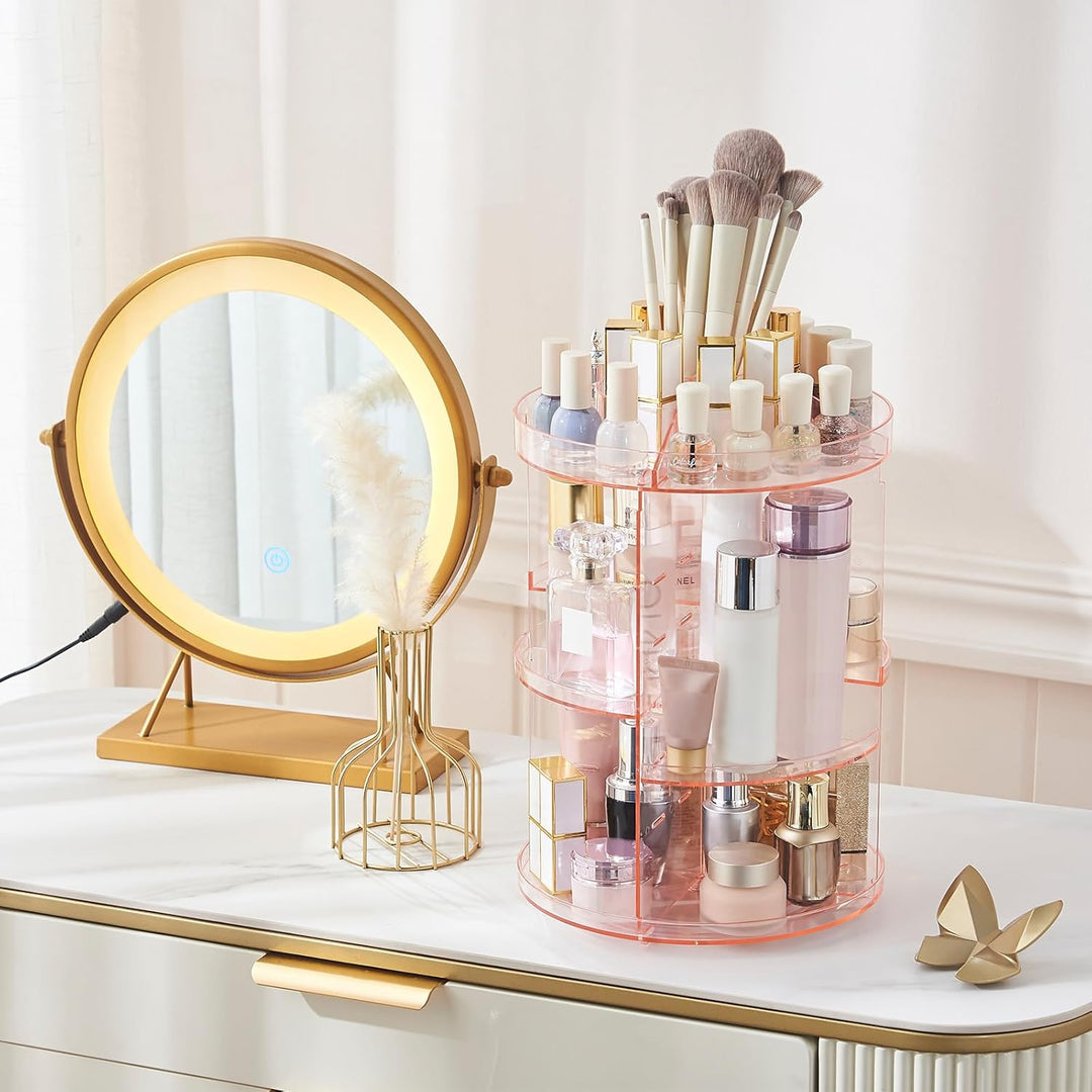 SUNFICON Rotating Makeup Organiser Pink Cosmetic Holder 360 Degree Spining Makeup Storage Box Displa