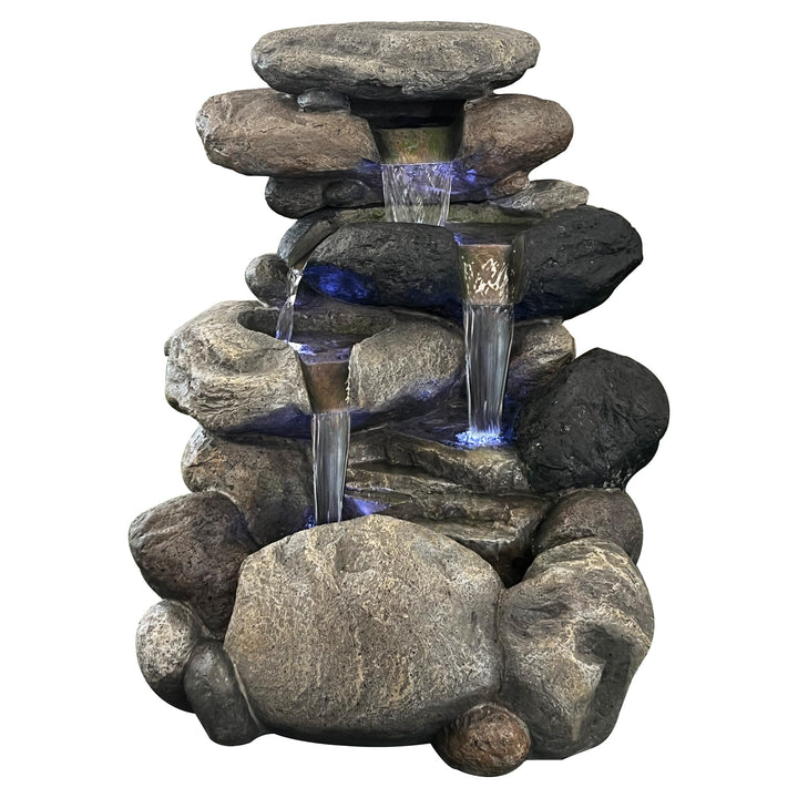 Köhko Springbrunnen Kieselstein Gartenbrunnen in Naturstein-Optik mit 4X LED Beleuchtung Höhe=68 cm