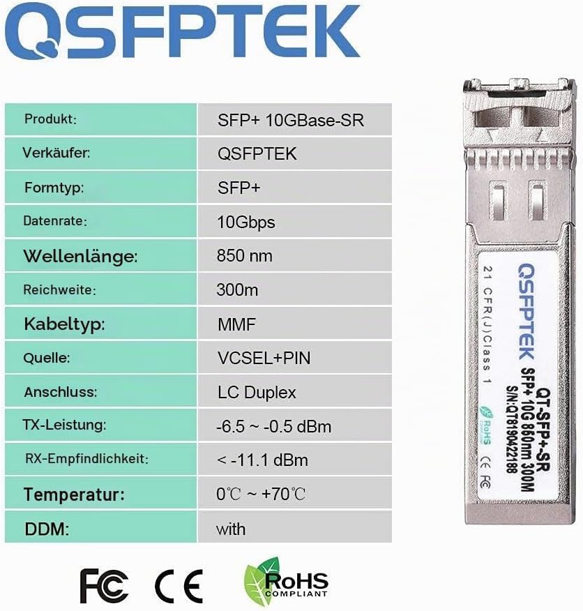 QSFPTEK 4Pack 10GBASE-SR SFP+ Modul 10G 850nm 300M DDM LC Port Multimode SFP+ Transceiver Kompatibel