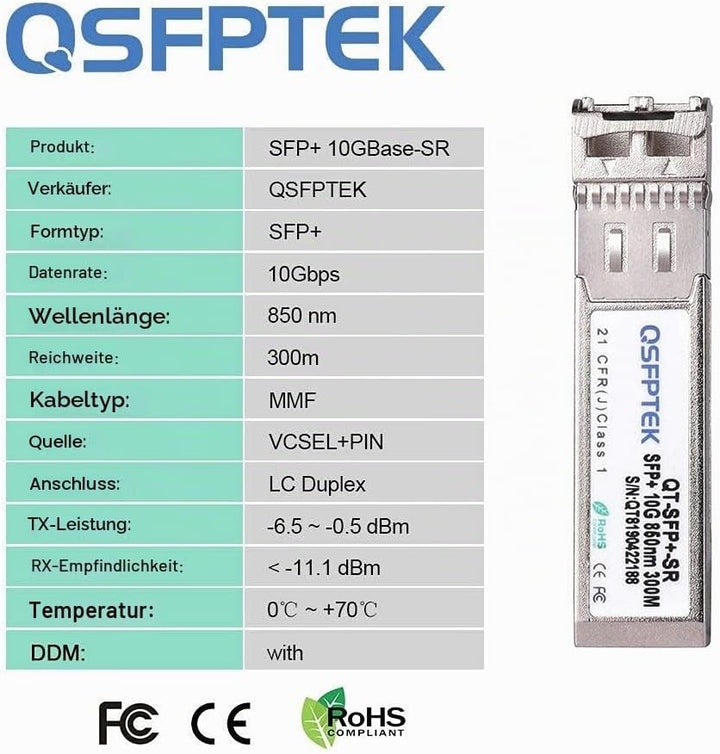 QSFPTEK 4Pack 10GBASE-SR SFP+ Modul 10G 850nm 300M DDM LC Port Multimode SFP+ Transceiver Kompatibel