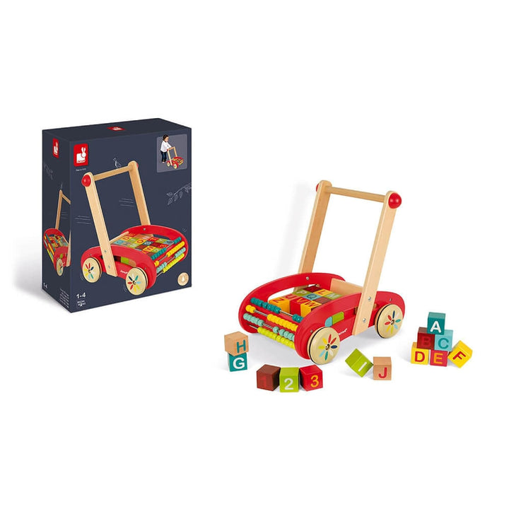 Janod - Tatoo Abc Buggy Wooden Walker for Children - 30 Blocks Included - For children from the Age
