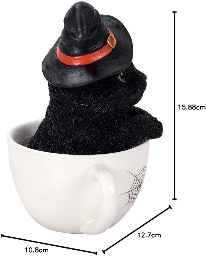 Pacific Giftware Schwarze Hexen Katze in Tasse 16 cm - Figur Deko Statue Halloween Kitty Hexenhut