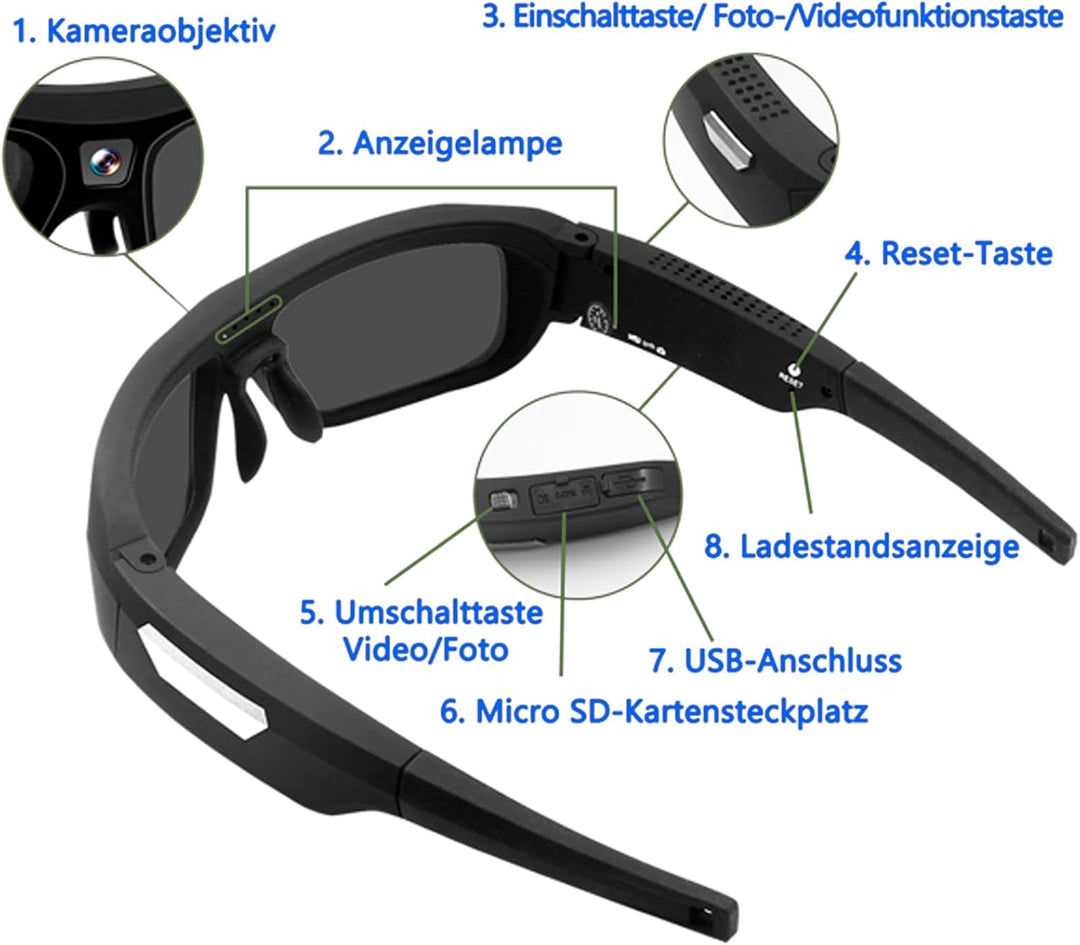 TANGMI Brille Kamera 4K, Action Cam für Motorrad Outdoor, Polarisiert 32GB | Videobrille, Sportkamer