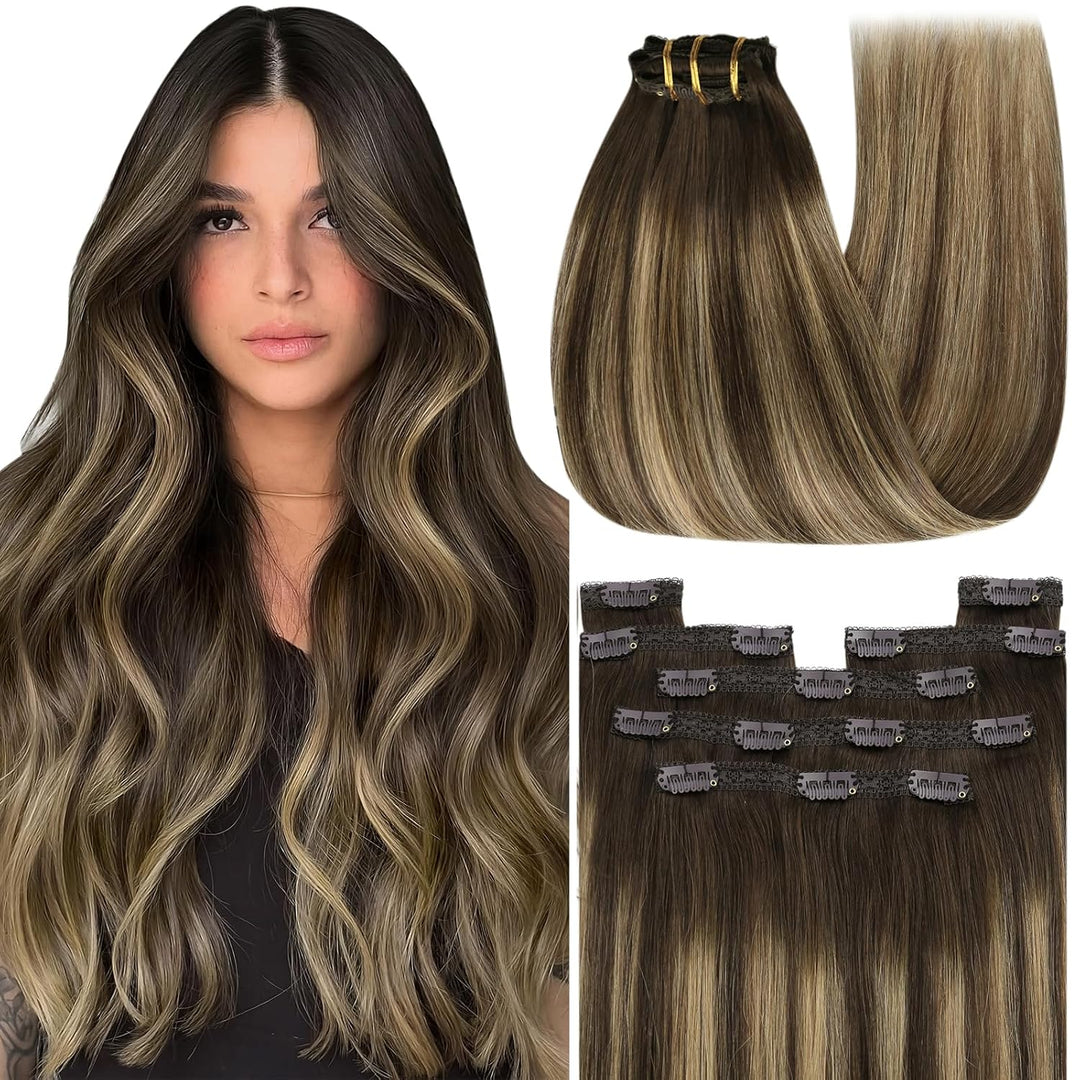 YoungSee Clip in Extensions Echthaar Ombre 30cm Echthaar Extensions Clip Dunkelbraun Balayage Karame