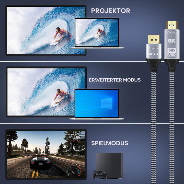 DisplayPort auf HDMI 8K Kabel, 8K @ 60Hz 4K @ 120Hz unidirektional DP1.4 (Quelle) auf HDMI 2.1 (Disp