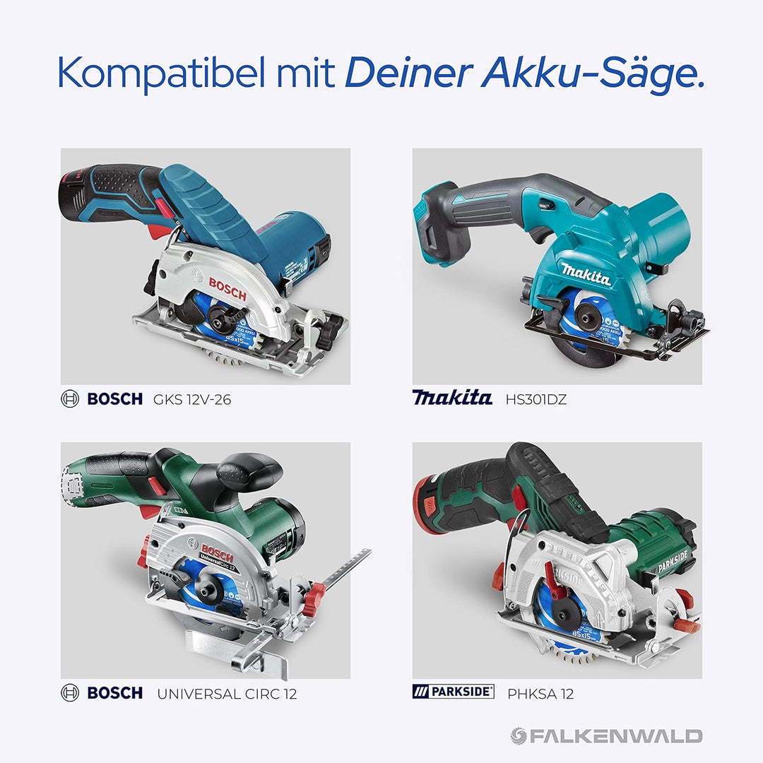 FALKENWALD Akku Sägeblatt 85x15 ideal für Holz - Kompatibel mit Bosch GKS 12v-26, Bosch GKS 85, Maki