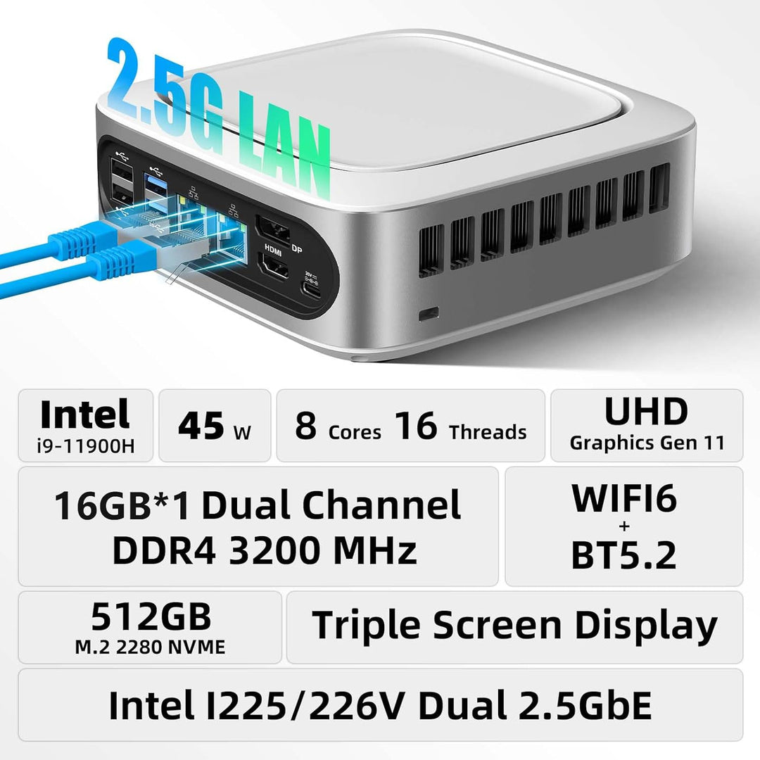 AWOW Mini PC Windows 11 Pro Intel i9-11900H (8C/16T, bis zu 4.9Ghz), 32GB DDR4 512GB/1T NVME SSD Min
