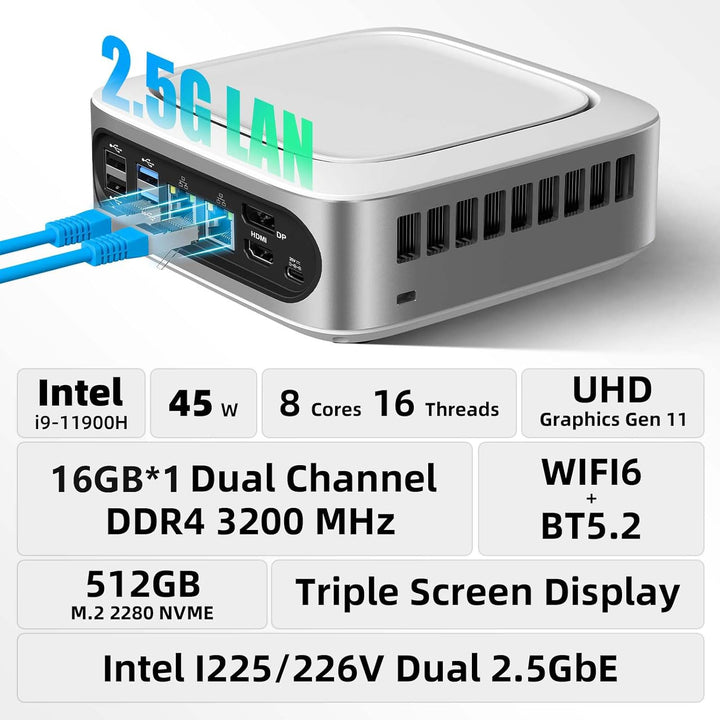 AWOW Mini PC Windows 11 Pro Intel i9-11900H (8C/16T, bis zu 4.9Ghz), 32GB DDR4 512GB/1T NVME SSD Min