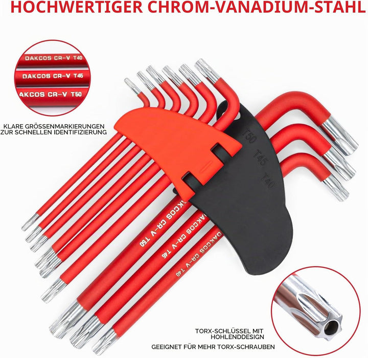 DAKCOS 18 tlg Torx Innensechskantschlüssel mit Griff TX &amp; HX Winkelschlüssel | T10-T50 &amp; 1,5mm-10mm