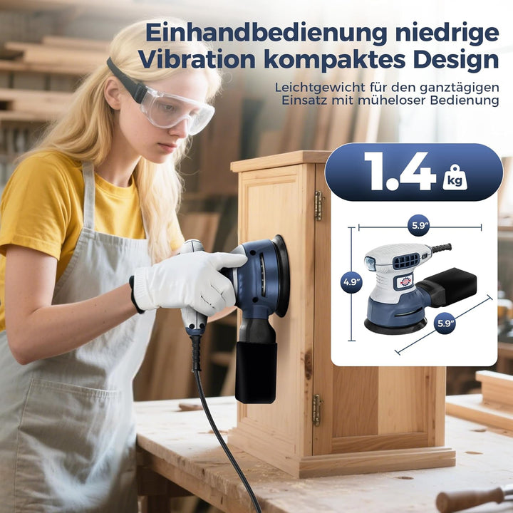 Exzenterschleifer 125mm mit Bremse, 350W Schleifmaschine für Holz mit 15 Schleifpapier & Staubabsaug