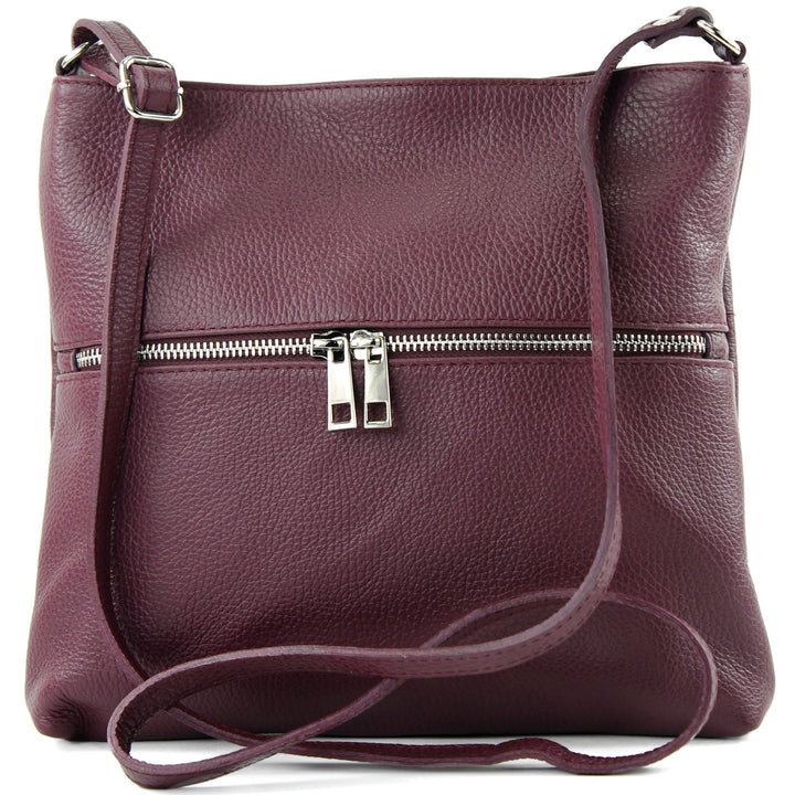 modamoda de - T144 - ital Umhängetasche Schultertasche aus Leder Bordeauxviolett, Bordeauxviolett