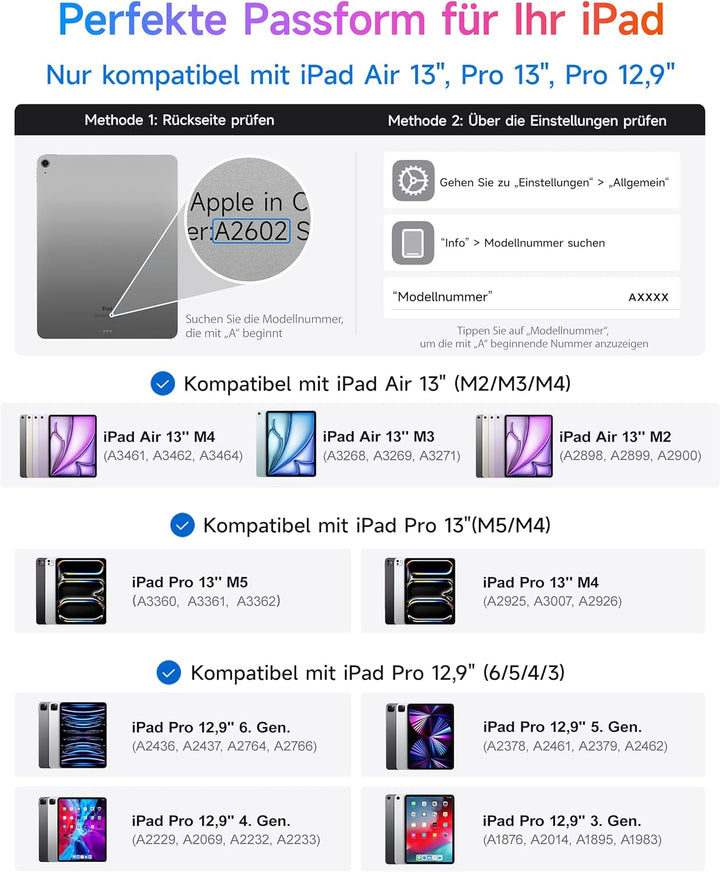 HOU 360° Drehbare Abnehmbare Hülle mit Tastatur für iPad Air 13" (M3/M2) 2025, 13" iPad Pro (M5/M4)