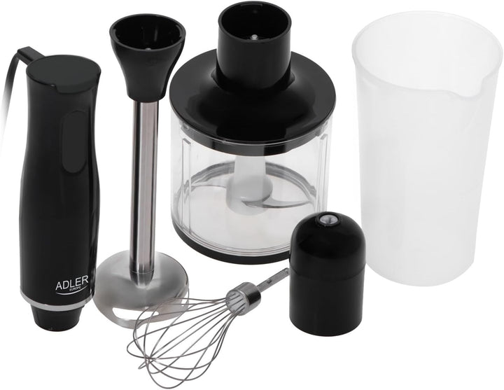 ADLER AD 4620 Stabmixer Set, 800W, 2 Geschwindigkeitsstufen, mit Schneebesen und Messbecher, Schwarz