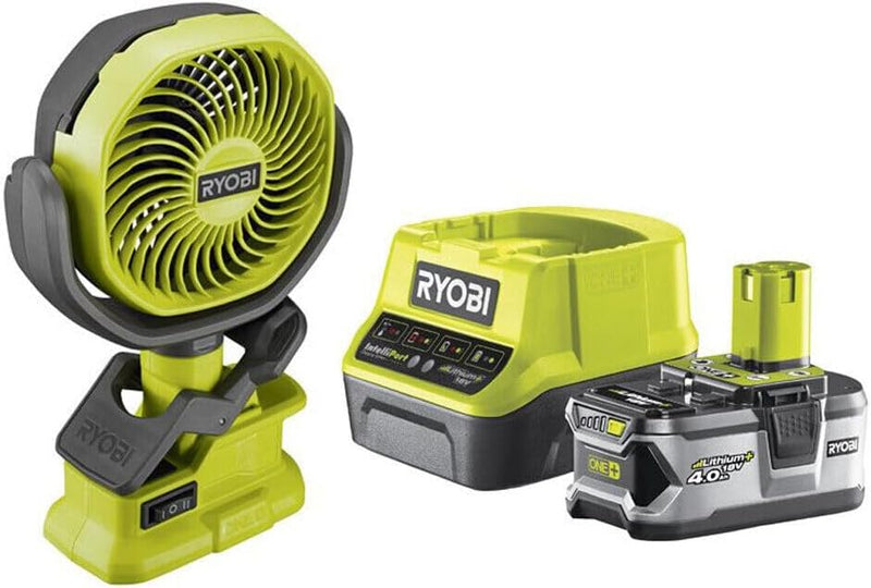 Ryobi 18 Volt Batteriebetriebener, verstellbarer Neigungsclip mit 4,0 Ah Akku, Ladegerät und Taschen