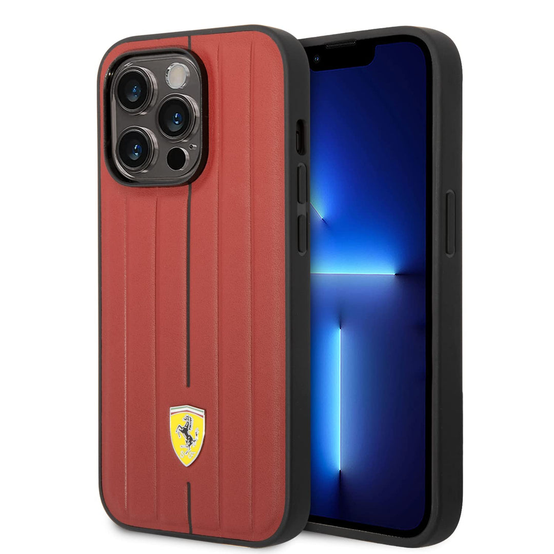 CG MOBILE Ferrari Schutzhülle für iPhone 14 Pro in Rot geprägte Streifen, Leder, langlebige und krat