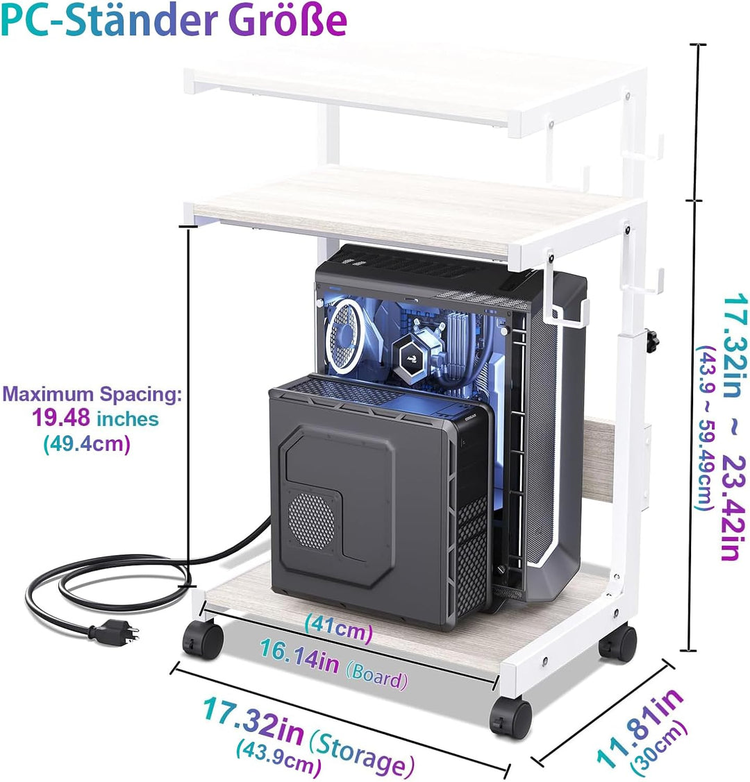 Höhenverstellbarer PC Ständer mit Rollen, 2 Haken, 2-stufig | Computer Tower Ständer, Druckerständer