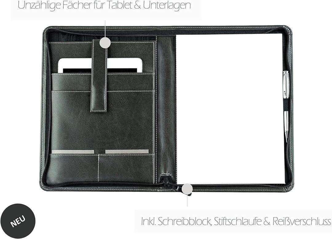 DELMON VARONE - Tablet Schreibmappe mit Reissverschluss inkl. Notizblock DIN A4 aus veganem Eco Kuns