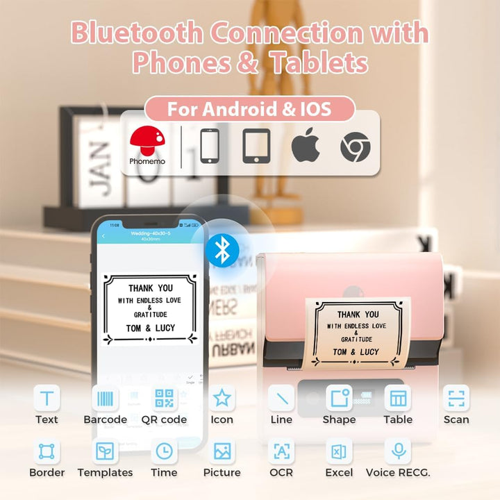 Phomemo M221 Beschriftungsgerät Selbstklebend mit 3 Etikettenrollen - Bluetooth Etikettiergerät Trag