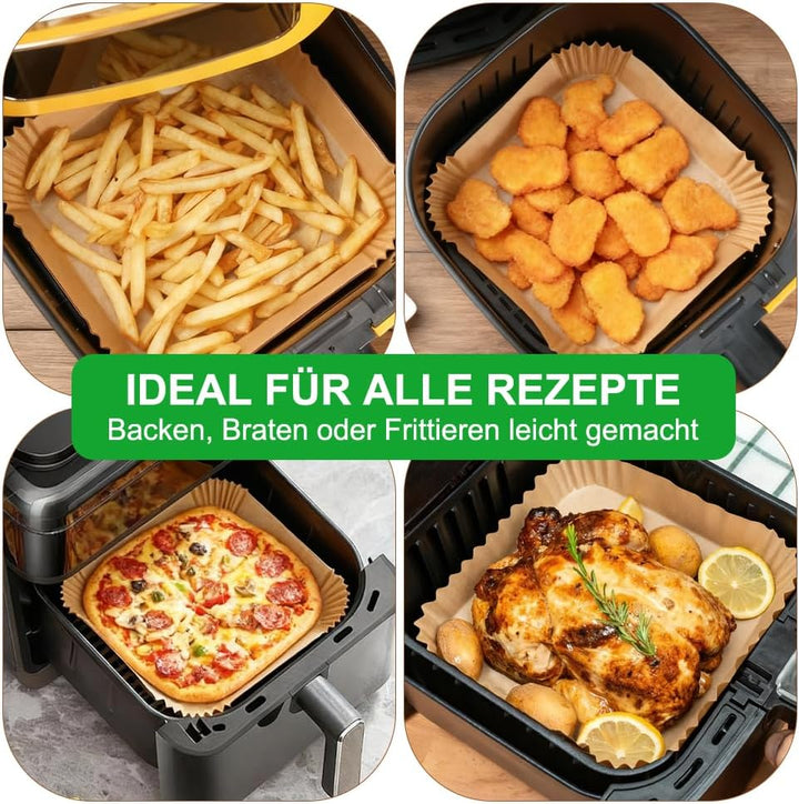 BYKITCHEN 200 Stück Backpapier Airfryer für 8L-12L Heissluftfritteuse, 25cm, Antihaft Eckig Hitzebes