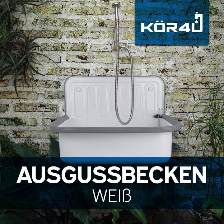 kör4u Ausgussbecken weiss 50cm, aus robustem Stahl für Keller, Waschküche, Garten, Spülbecken, inkl.