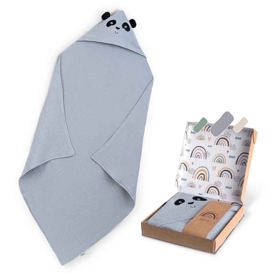 Räuberella® Panda-Kapuzenhandtuch Baby in Blau I 80x80cm I Musselin-Badetuch-Baby aus 100% Bio-Baumw