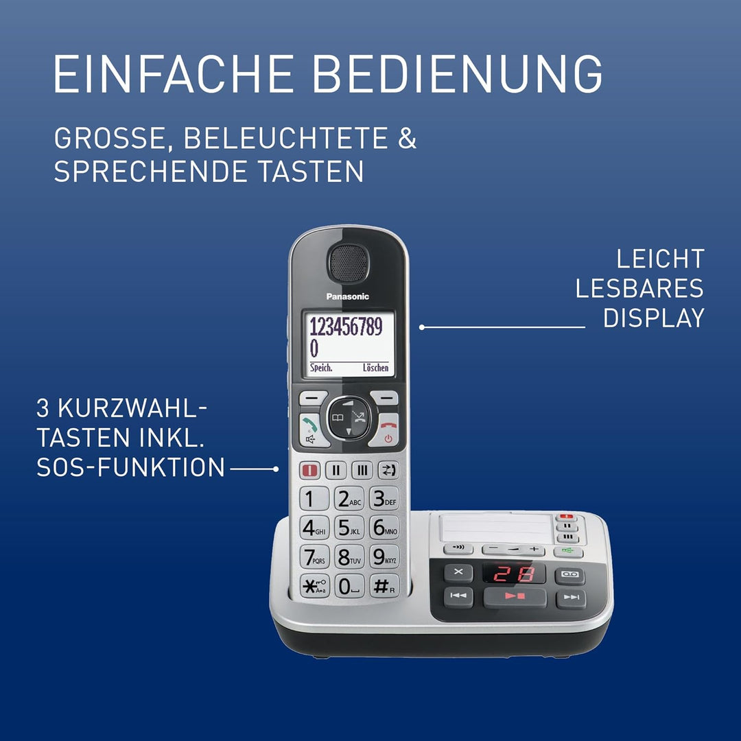Panasonic KX-TGE520GS Senioren Schnurlostelefon mit Anrufbeantworter, Station & Hörer, Freisprechein