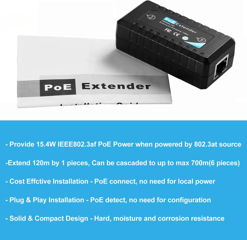 Revotech 1 Port PoE Extender, 15W PoE Output bis zu 120m(393 ft), 10/100Mbps Transmit, Comply IEEE80