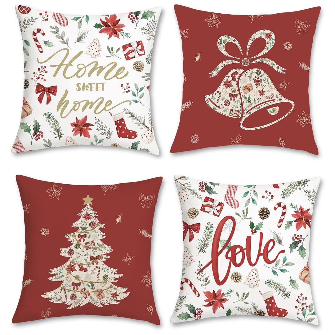 Bonhause 4er Set Kissenbezüge Weihnachten Rot 45 x 45 cm Weihnachtsbaum Glocke Blätter Blumen Dekora