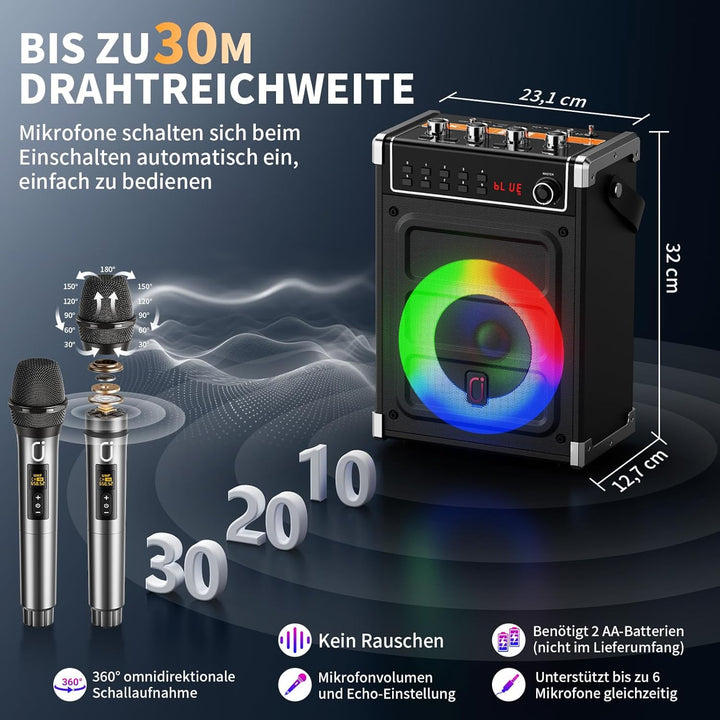 JYX Karaoke-Maschine mit 2 UHF-Funkmikrofonen, Bluetooth-Lautsprecher mit Bass-/Höhen-Einstellung un