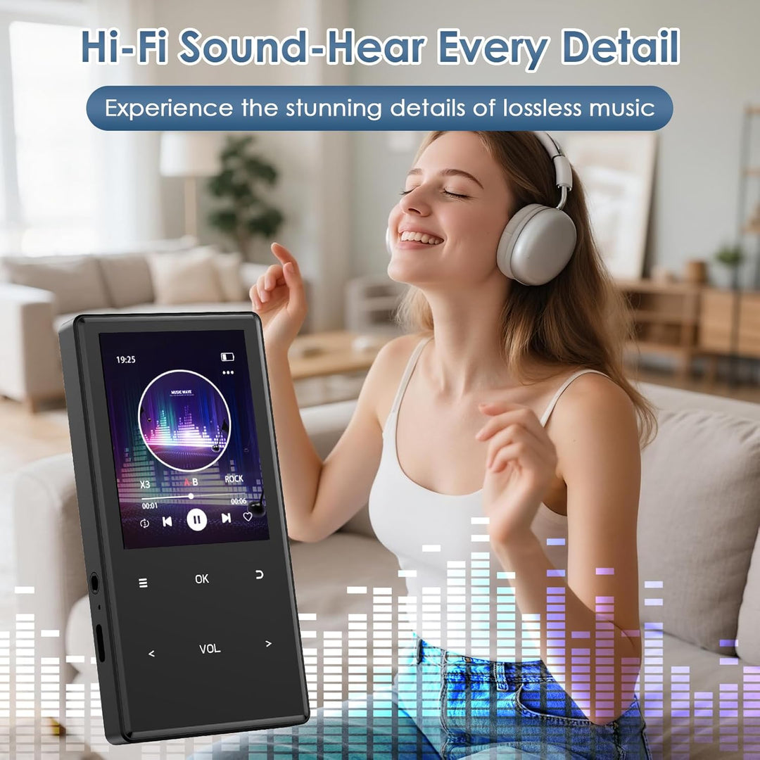 MP3-Player Bluetooth 5.0, 2,4 Zoll tragbarer MP3-Player 64 GB – HiFi-Audio-Player mit FM-Radio, Reco