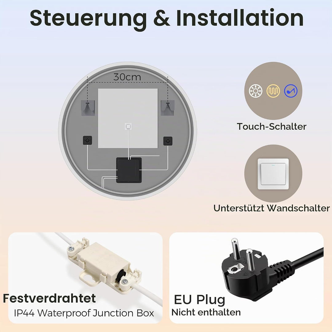 STARLEAD 70cm Runder-Badspiegel-mit-Beleuchtung, Bluetooth, Dimmbar, 3 Farbtemperatur, Entfoggen, Sp
