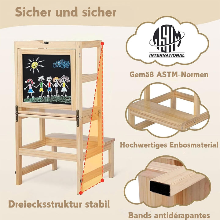 LALAHO Lernturm ab 1 Jahr，Tritthocker Holz，Lernturm Klappbar mit rutschfeste Matte，Montessori Inspir