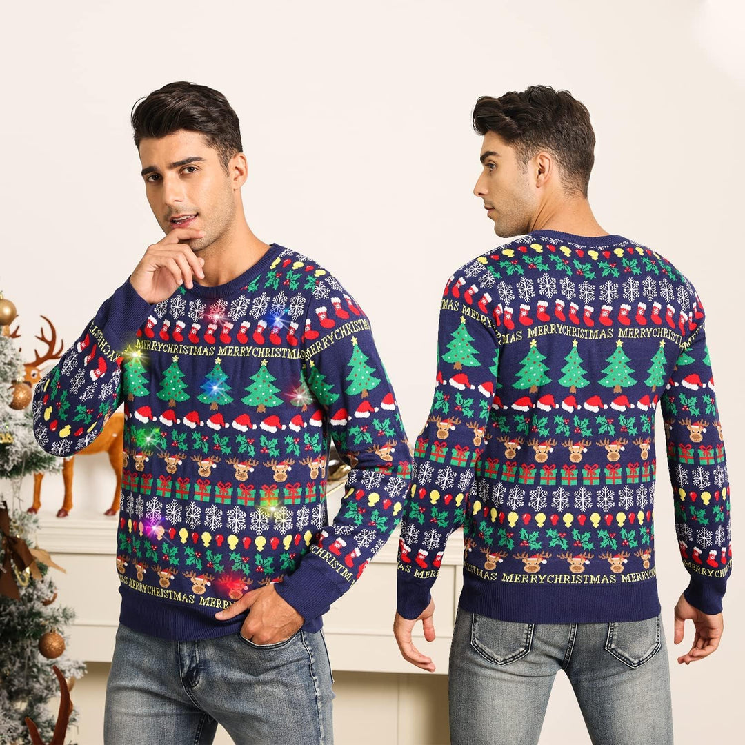 Belovecol Unisex Weihnachtspullover LED Ugly Christmas Sweater Pullover Langarm Strickpullover L Chr