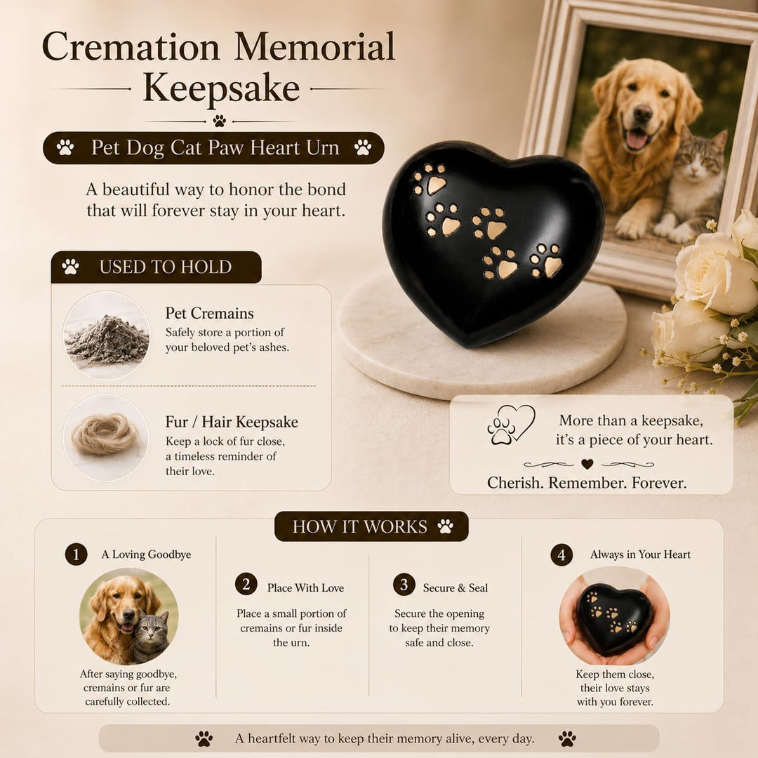 Urn for Ashes Paw Heart Funeral Cremation Memorial Keepsake Pet Dog Cat |Without Stand (Black 5") RH