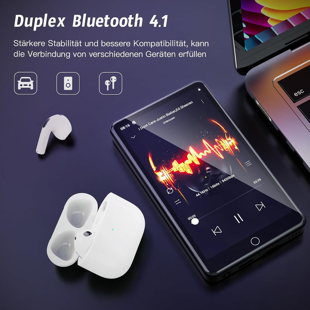 4,02 Zoll IPS HD Touchscreen, MP3 Player mit WLAN und Bluetooth, MP4 Player mit Lautsprechern, Musik