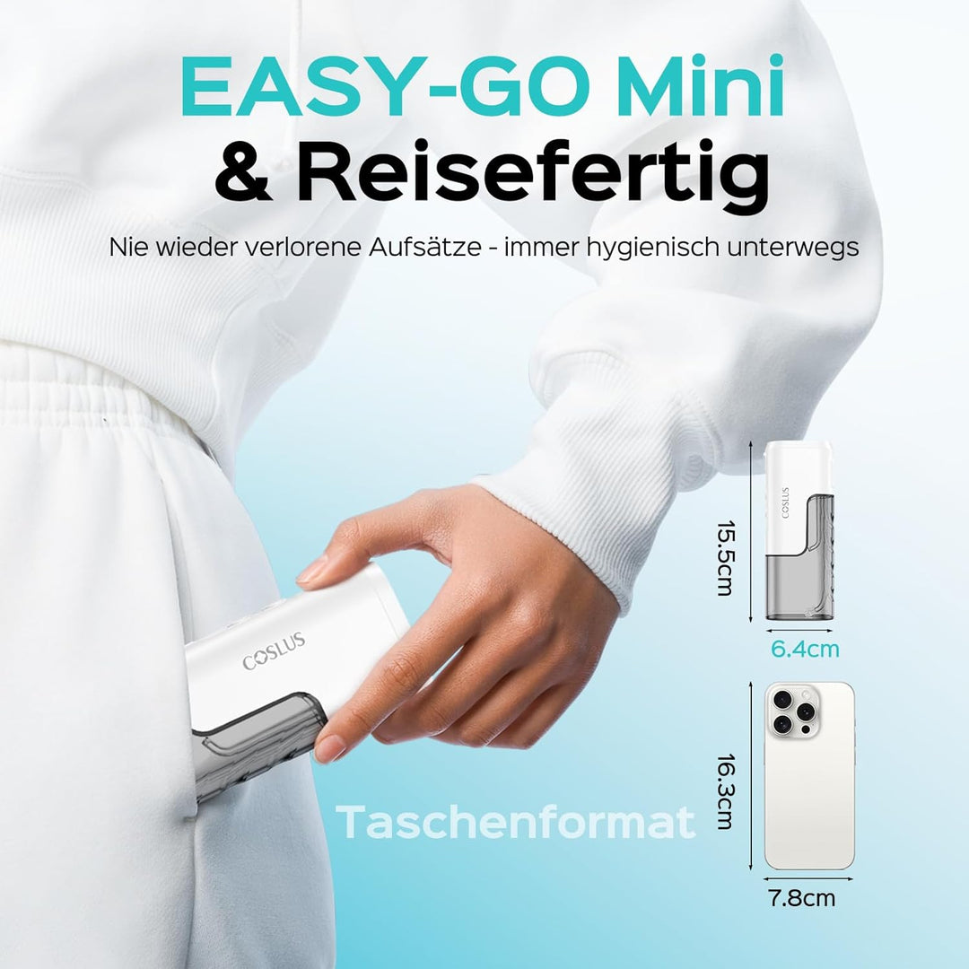COSLUS Mini Elektrische Munddusche für Unterwegs: 4 Modi Kompaktes Design Abnehmbarer Wassertank für