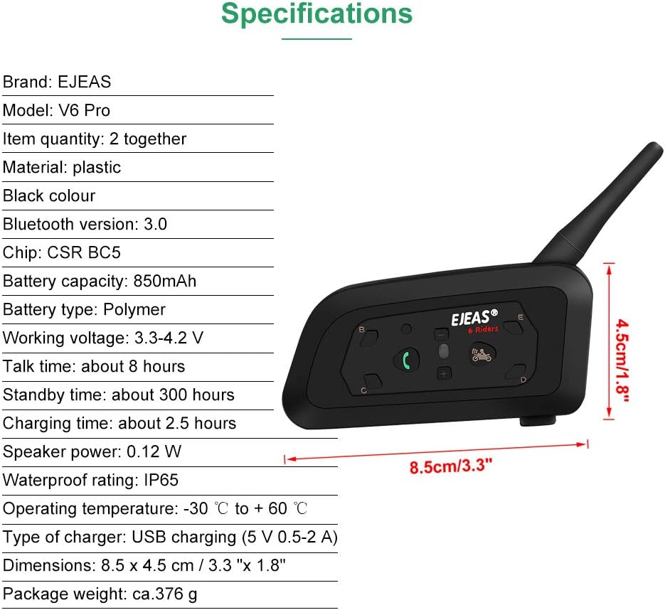 Keenso Motorradhelm Gegensprechanlage Set, 2 Set V6 Pro 1200M Motorrad Helm Bluetooth Intercom Heads