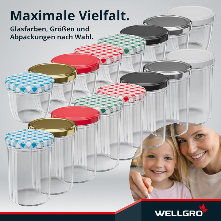 WELLGRO 200x Einmachgläser mit Schraubdeckel - 230 ml, 8,5 x 6,5 cm (ØxH), Glas/Metall, blau kariert