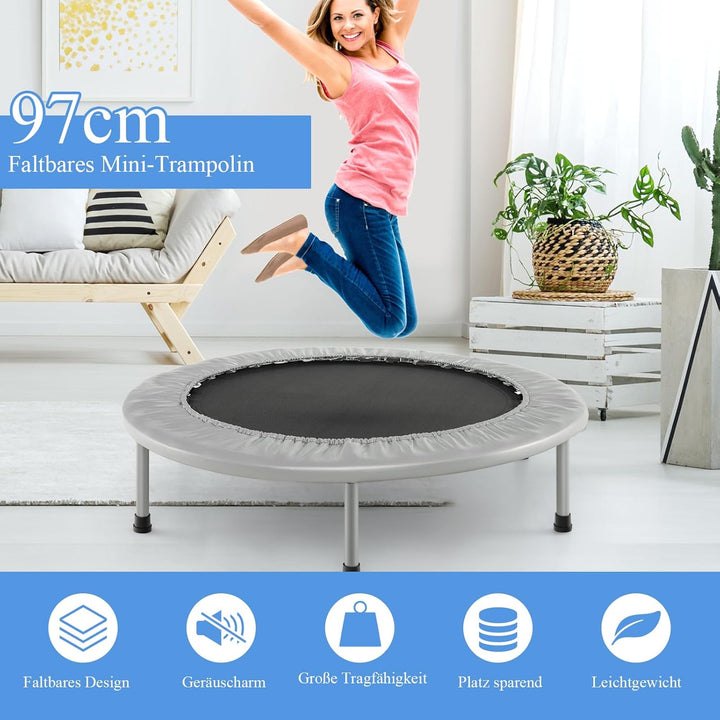 GYMAX Ø97 cm Mini Trampolin klappbar, Fitness Trampolin für Erwachsene & Kinder, Gartentrampolin bis
