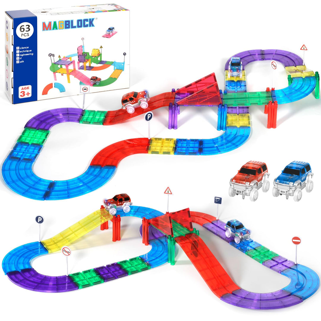63Pcs Magnetisches Baustein Spielzeug für Bahnrennen, Magnetisches Bauspielzeug mit LED Rennwagen, M