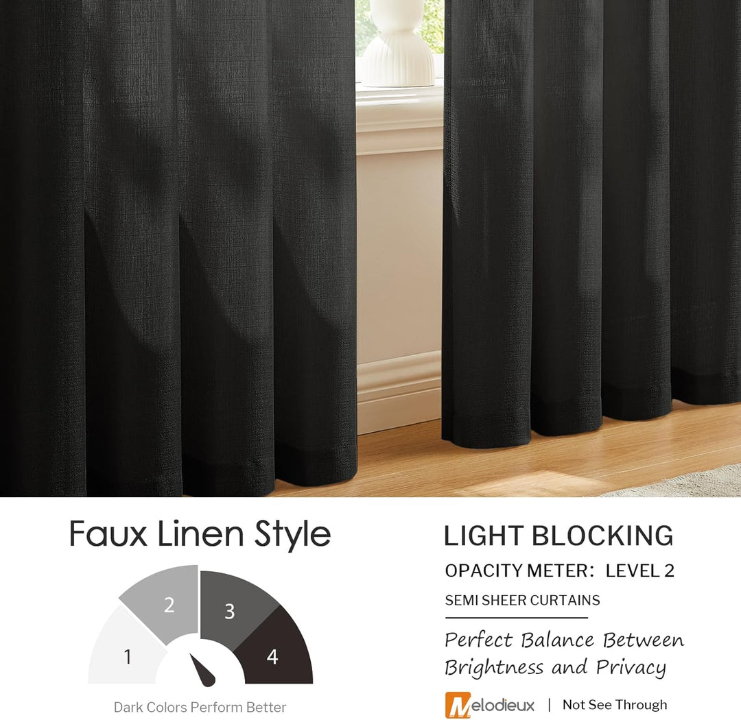 Melodieux Vorhänge Schwarz Transparent Leinen Optik Voile Gardinen für Wohnzimmer Schlafzimmer, 2er