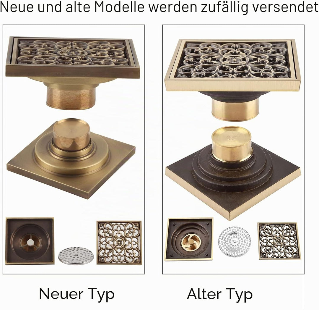 TOPINCN Bodenablauf,10cm Bad Dusche Bodenablauf Antiquität Messing Ablassen Siebdeckel Gitter Quadra
