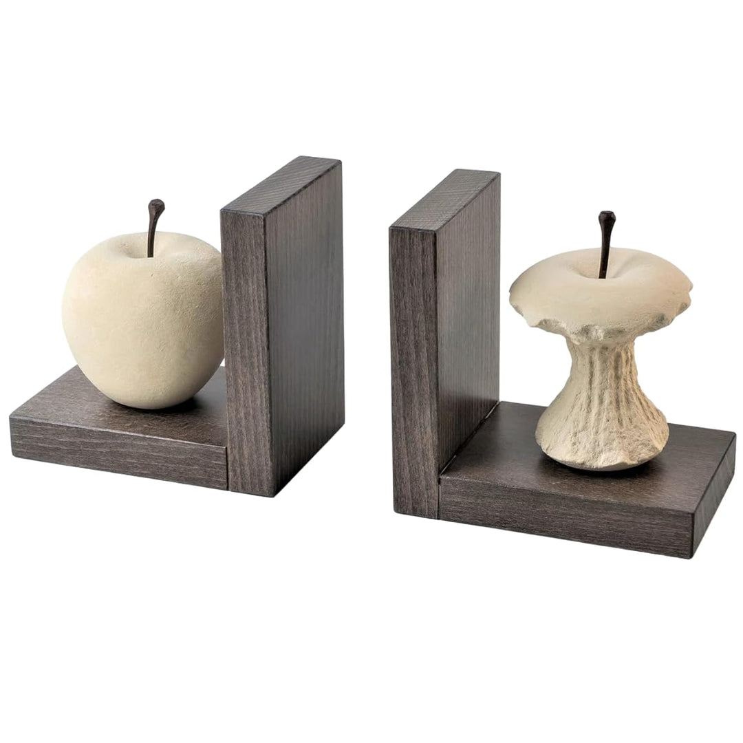Progetto Arte. Paar Buchstützen Apfel/Apfel gegessen, Steinskulptur auf Holzbasis, handgefertigt. Ha