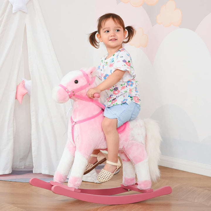 HOMCOM Schaukelpferd Schaukeltier mit Sound Effekt, Haltegriffen Plüsch Baby Schaukelspielzeug Schau