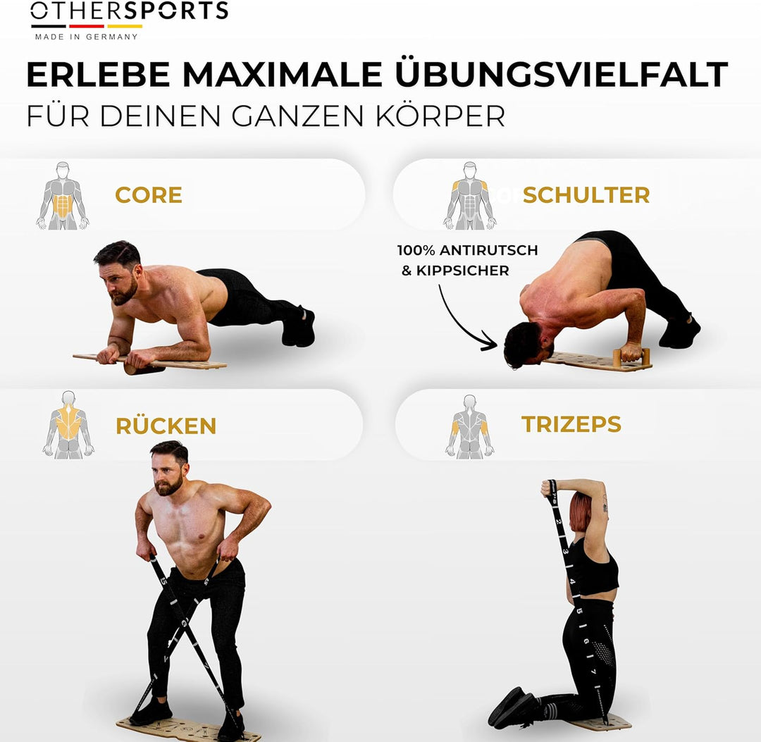 Liegestütze Brett aus Echtholz mit Fitness Bändern – Push up Board Fitnesstraining für gezielten Kra