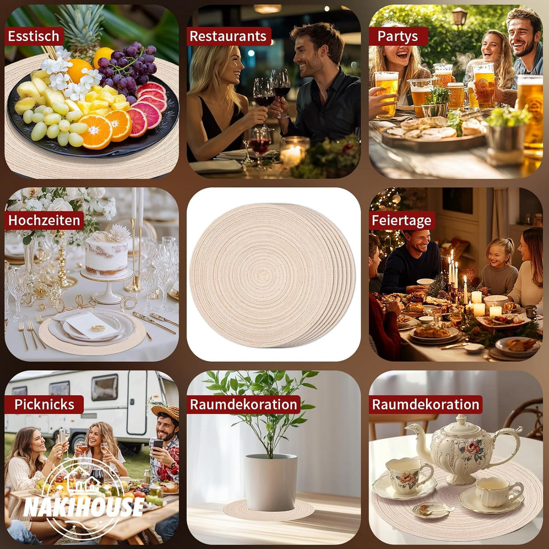 Platzsets Rund Beige Geflochten Tischsets 12er Set Hitzebeständigem Tisch Tischsets Waschbar für Küc